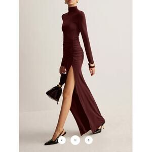 Commense Stand-Collar Pleated Slit Jersey Dress Sz S